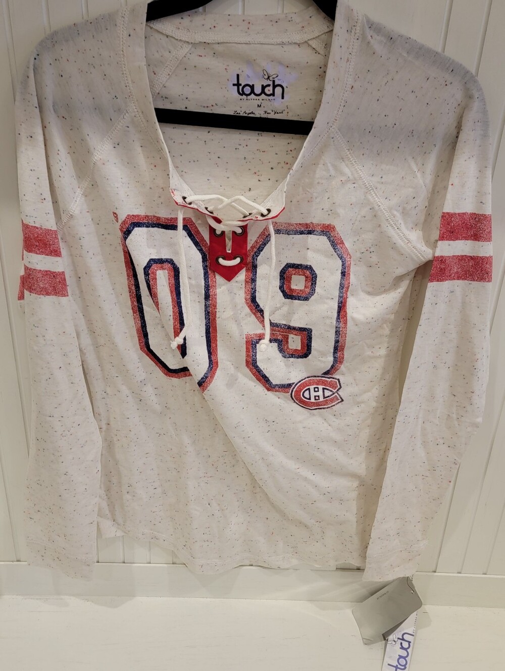 Touch by Alyssa Milano White Long Sleeve Lace-Up Tee with Red and Blue Graphic